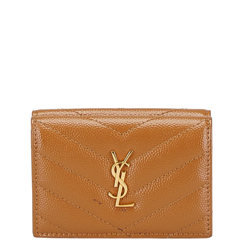 サンローラン YSLロゴ 三つ折り財布 ブラウン レザー レディース SAINT LAURENT 【中古】