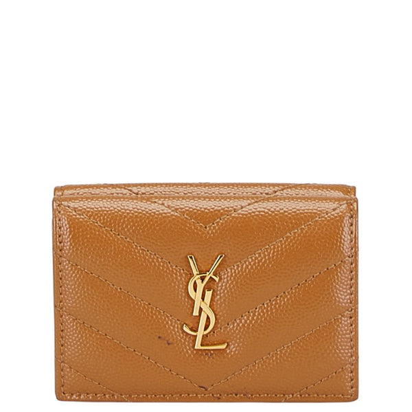 サンローラン YSLロゴ 三つ折り財布 ブラウン レザー レディース SAINT LAURENT 【中古】
