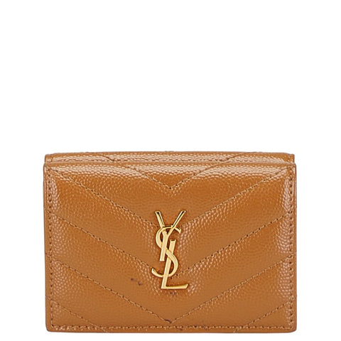 サンローラン YSLロゴ 三つ折り財布 ブラウン レザー レディース SAINT LAURENT 【中古】