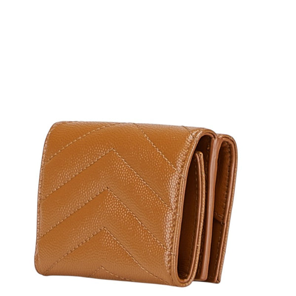 サンローラン YSLロゴ 三つ折り財布 ブラウン レザー レディース SAINT LAURENT 【中古】