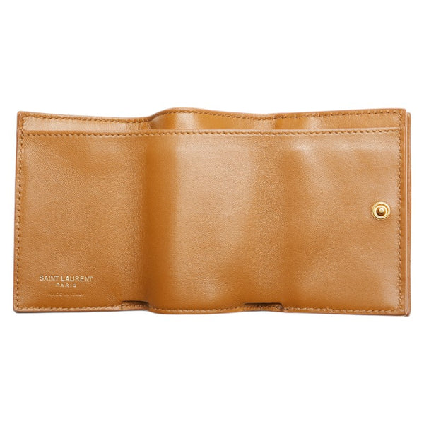 サンローラン YSLロゴ 三つ折り財布 ブラウン レザー レディース SAINT LAURENT 【中古】