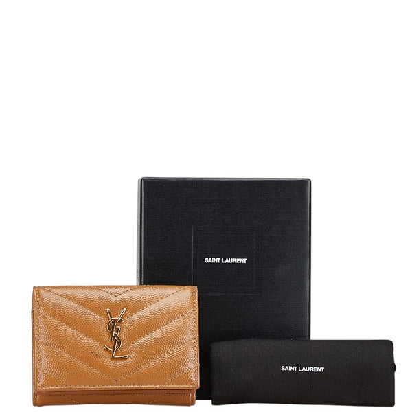 サンローラン YSLロゴ 三つ折り財布 ブラウン レザー レディース SAINT LAURENT 【中古】