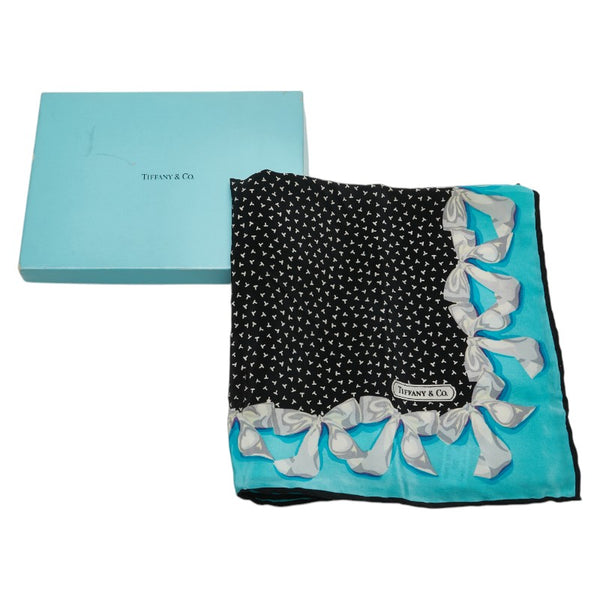ティファニー リボン ハンカチ ブラック ブルー シルク レディース TIFFANY&Co. 【中古】