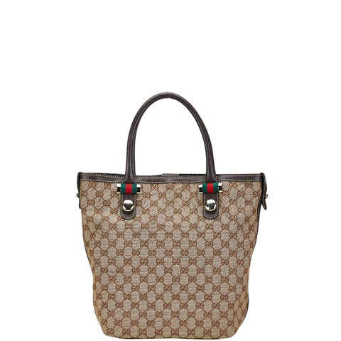 グッチ GGキャンバス シェリーライン ハンドバッグ トートバッグ 232970 ブラウン キャンバス レザー レディース GUCCI 【中古】