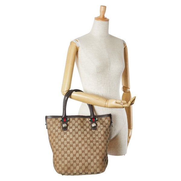 グッチ GGキャンバス シェリーライン ハンドバッグ トートバッグ 232970 ブラウン キャンバス レザー レディース GUCCI 【中古】