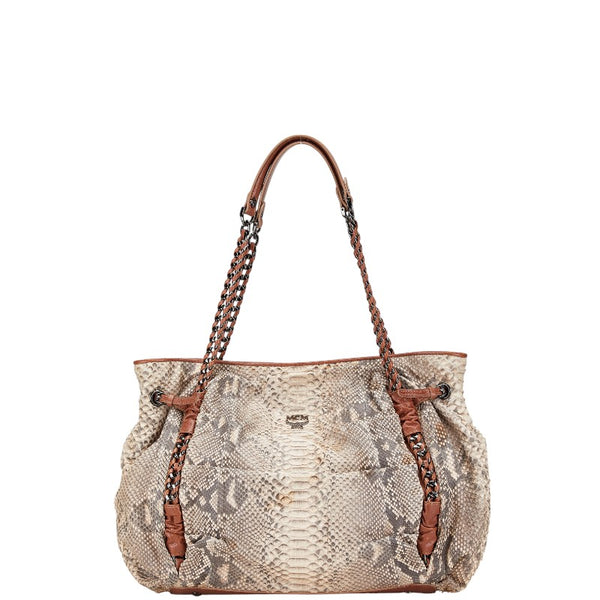 エム シー エム ロゴ トートバッグ ベージュ ブラウン パイソン レザー レディース MCM 【中古】