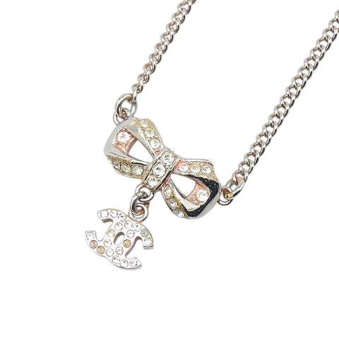シャネル ココマーク リボン モチーフ ラインストーン ネックレス シルバー メタル レディース CHANEL 【中古】