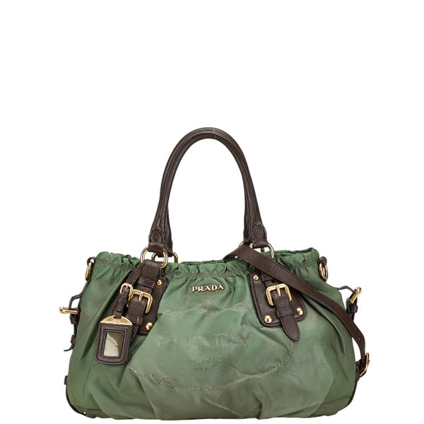 プラダ ロゴ ハンドバッグ トートバッグ ショルダーバッグ 2WAY カーキ ブラウン ナイロン レザー レディース PRADA 【中古】