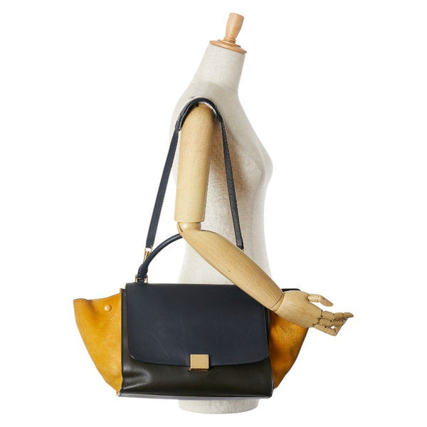 セリーヌ トラペーズ ハンドバッグ ショルダーバッグ 2WAY ブラック イエロー レザー スウェード レディース CELINE 【中古】