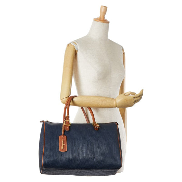 サルヴァトーレフェラガモ ハンドバッグ ボストンバッグ ネイビー ブラウン レザー レディース Salvatore Ferragamo 【中古】