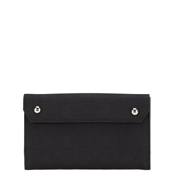 サルヴァトーレフェラガモ ガンチーニ 長財布 ブラック キャンバス レザー レディース Salvatore Ferragamo 【中古】