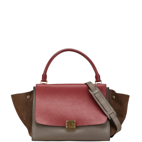 セリーヌ トラペーズ トリコロール ハンドバッグ ショルダーバッグ 2WAY ブラウン レッド レザー スエード レディース CELINE 【中古】