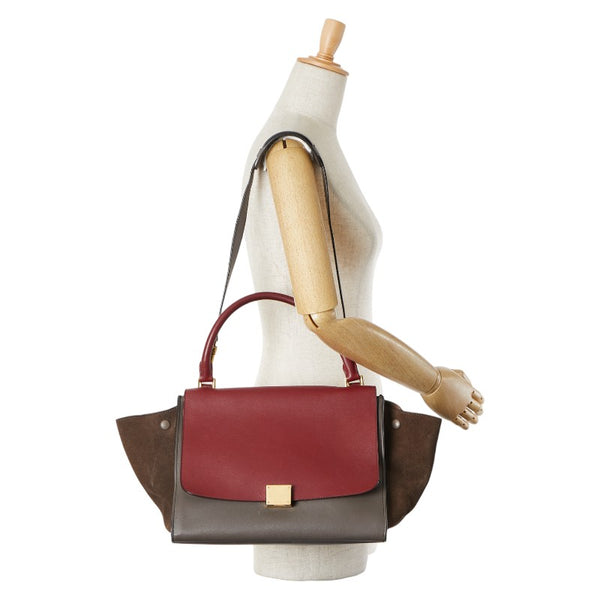 セリーヌ トラペーズ トリコロール ハンドバッグ ショルダーバッグ 2WAY ブラウン レッド レザー スエード レディース CELINE 【中古】