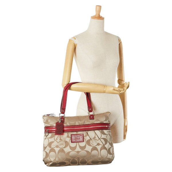 コーチ シグネチャー ハンドバッグ トートバッグ F20026 ベージュ レッド キャンバス ナイロン レディース COACH 【中古】
