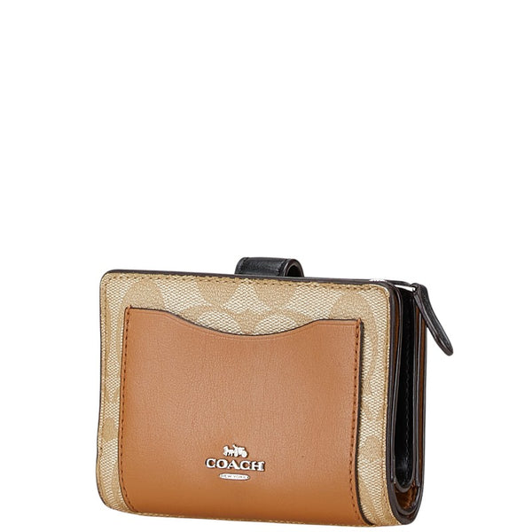 コーチ シグネチャー 二つ折り財布 F27147 ベージュ ブラウン PVC レザー レディース COACH 【中古】