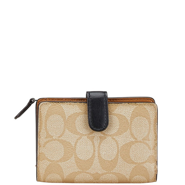 コーチ シグネチャー 二つ折り財布 F27147 ベージュ ブラウン PVC レザー レディース COACH 【中古】
