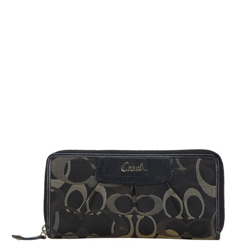 コーチ シグネチャー 長財布 ラウンドファスナー ブラック グレー レザー キャンバス レディース COACH 【中古】