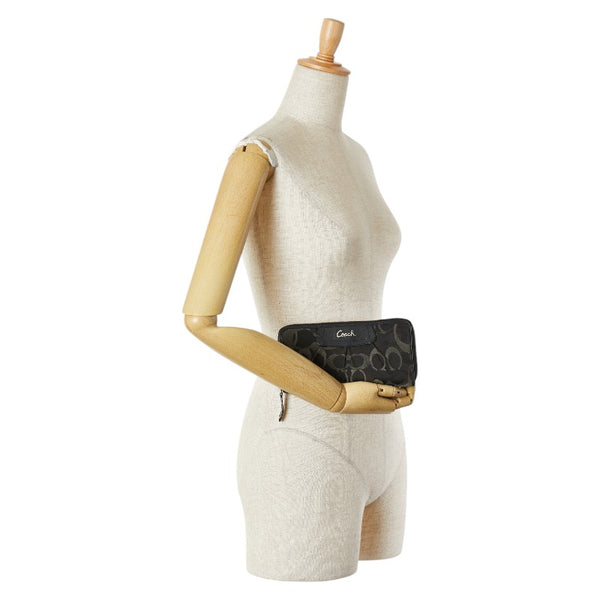 コーチ シグネチャー 長財布 ラウンドファスナー ブラック グレー レザー キャンバス レディース COACH 【中古】