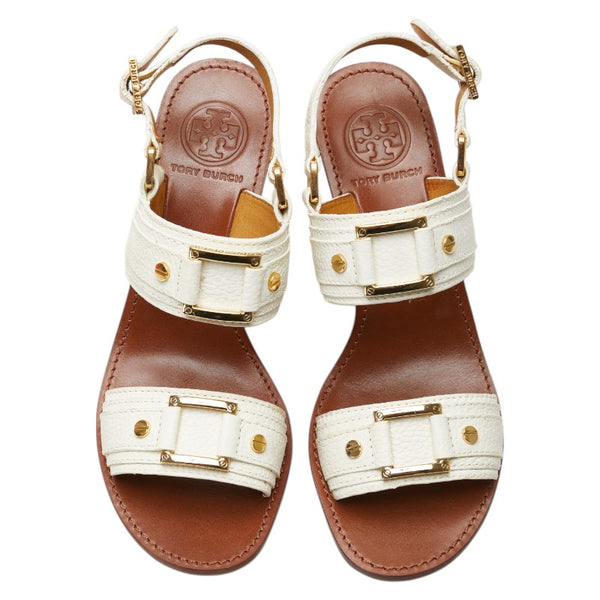トリーバーチ ウェッジサンダル サイズ:7M ホワイト ブラウン レザー レディース Tory Burch 【中古】