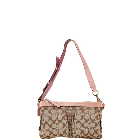 コーチ シグネチャー ワンショルダーバッグ ベージュ ピンク キャンバス レザー レディース COACH 【中古】