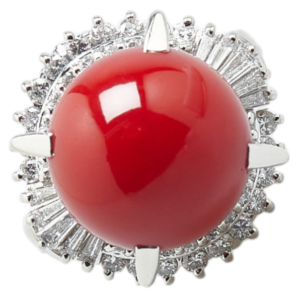 Pt900 プラチナ 血赤サンゴ13.4mm ダイヤ0.88ct リング 指輪 レディース 13号 【中古】