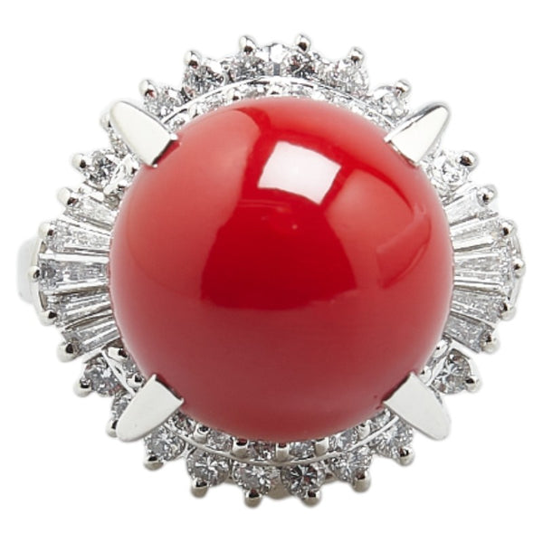 Pt900 プラチナ 血赤サンゴ13.4mm ダイヤ0.88ct リング 指輪 レディース 13号 【中古】