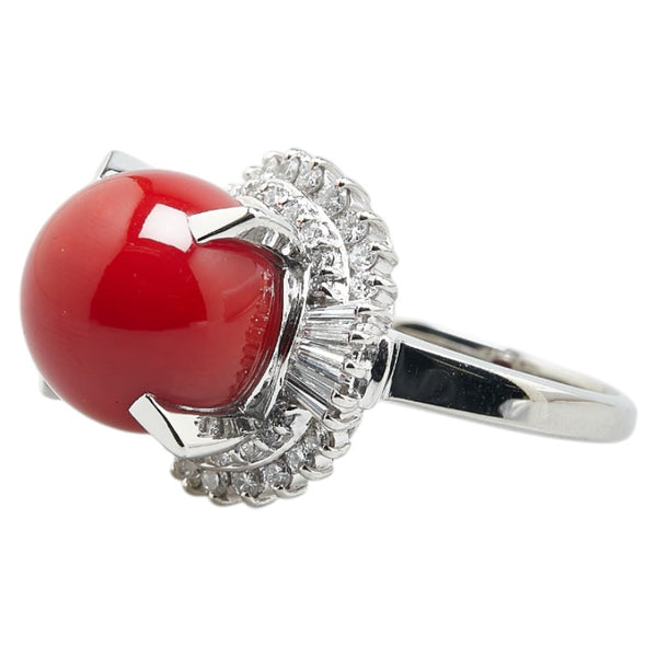 Pt900 プラチナ 血赤サンゴ13.4mm ダイヤ0.88ct リング 指輪 レディース 13号 【中古】