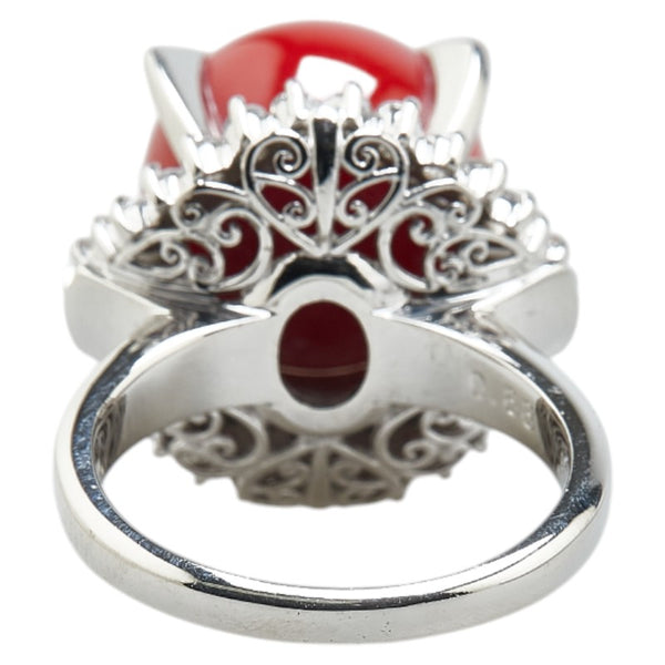 Pt900 プラチナ 血赤サンゴ13.4mm ダイヤ0.88ct リング 指輪 レディース 13号 【中古】