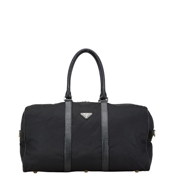 プラダ 三角ロゴプレート ボストンバッグ ブラック ナイロン レザー レディース PRADA 【中古】