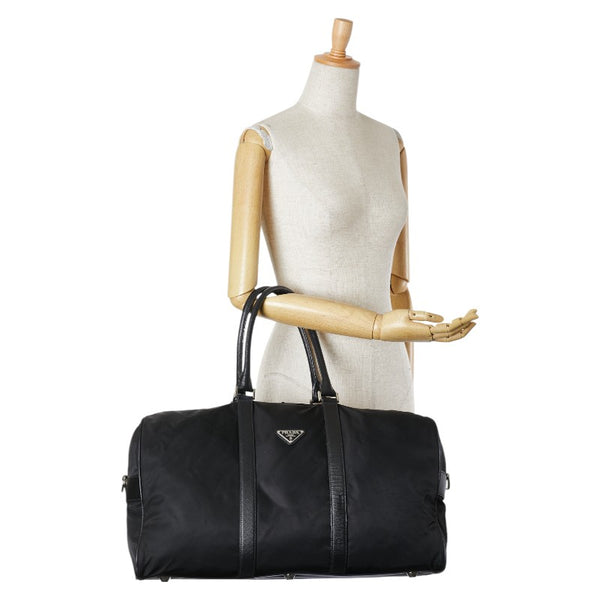 プラダ 三角ロゴプレート ボストンバッグ ブラック ナイロン レザー レディース PRADA 【中古】