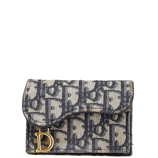 ディオール オブリーク トロッター サドル カードケース ネイビー ベージュ キャンバス レザー レディース Dior 【中古】