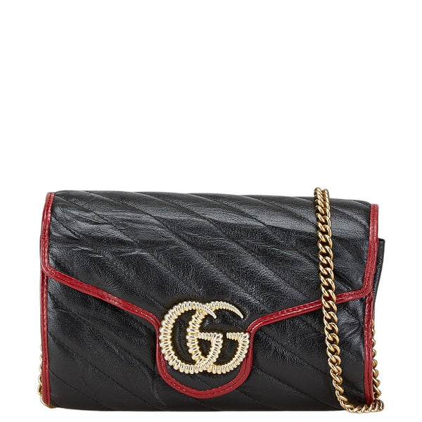 グッチ GGマーモント  チェーン ショルダーバッグ 573807 ブラック レッド レザー レディース GUCCI 【中古】