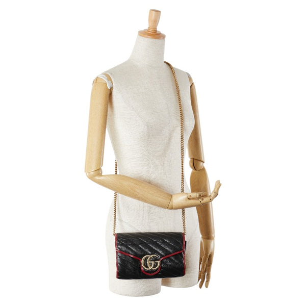 グッチ GGマーモント  チェーン ショルダーバッグ 573807 ブラック レッド レザー レディース GUCCI 【中古】