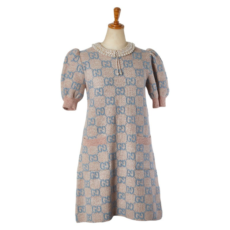 グッチ GG パール ニットワンピース 半袖 サイズ：XS ピンク ブルー ベージュ ウール ナイロン ヤク レディース GUCCI 【中古】