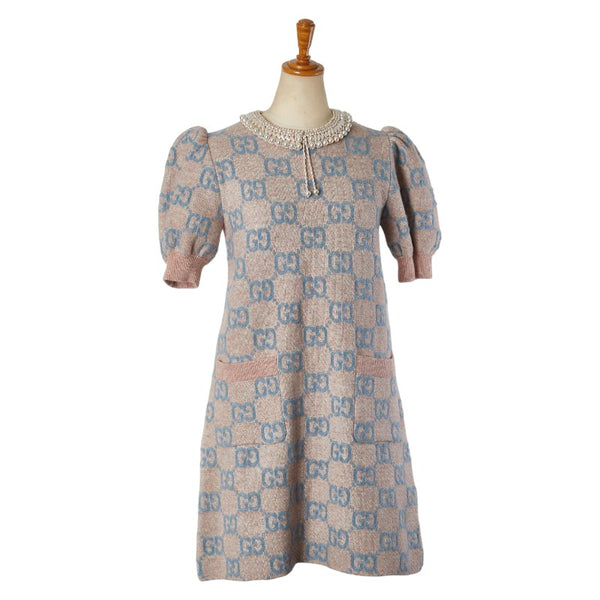 グッチ GG パール ニットワンピース 半袖 サイズ：XS ピンク ブルー ベージュ ウール ナイロン ヤク レディース GUCCI 【中古】