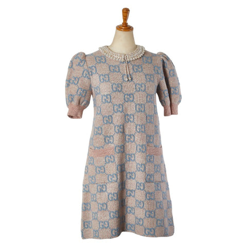 グッチ GG パール ニットワンピース 半袖 サイズ：XS ピンク ブルー ベージュ ウール ナイロン ヤク レディース GUCCI 【中古】
