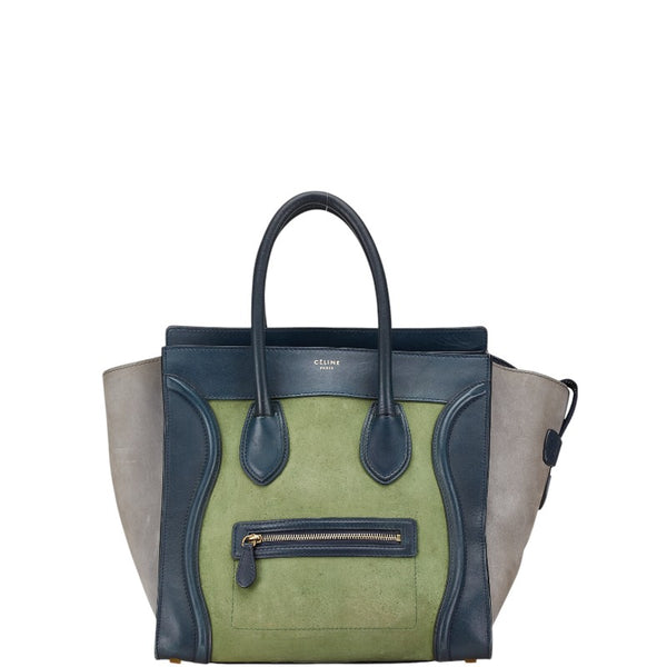 セリーヌ ラゲージ ミニショッパー ハンドバッグ トートバッグ ネイビー グレー グリーン スウェード レザー レディース CELINE 【中古】