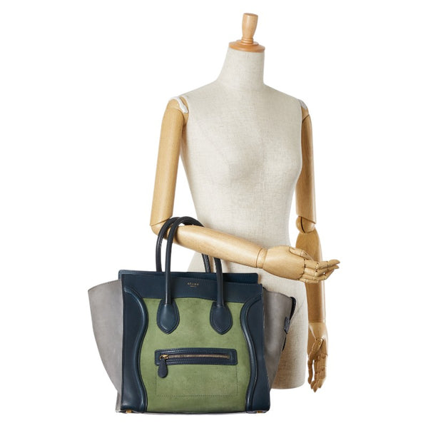 セリーヌ ラゲージ ミニショッパー ハンドバッグ トートバッグ ネイビー グレー グリーン スウェード レザー レディース CELINE 【中古】