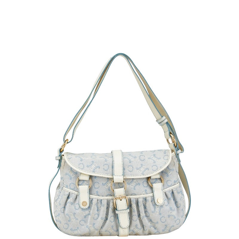 セリーヌ Cマカダム ワンショルダーバッグ ライトブルー ホワイト キャンバス レザー レディース CELINE 【中古】