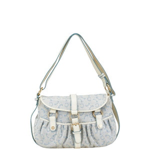セリーヌ Cマカダム ワンショルダーバッグ ライトブルー ホワイト キャンバス レザー レディース CELINE 【中古】