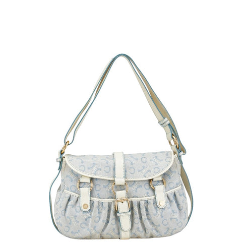 セリーヌ Cマカダム ワンショルダーバッグ ライトブルー ホワイト キャンバス レザー レディース CELINE 【中古】