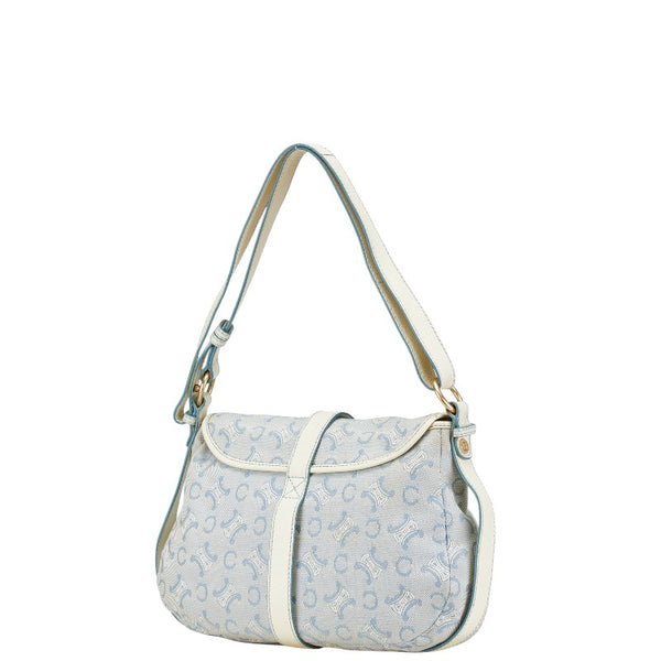 セリーヌ Cマカダム ワンショルダーバッグ ライトブルー ホワイト キャンバス レザー レディース CELINE 【中古】