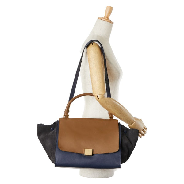 セリーヌ トラペーズ トリコロール ハンドバッグ ショルダーバッグ 2WAY ブラウン ブラック ネイビー レザー スエード レディース CELINE 【中古】