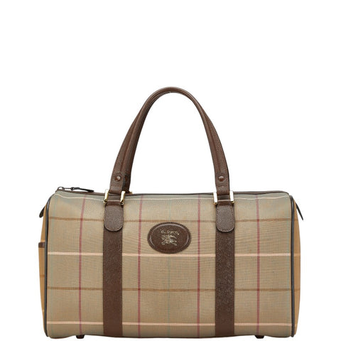 バーバリー チェック ボストンバッグ トラベルバッグ  カーキ ブラウン キャンバス レザー レディース BURBERRY 【中古】