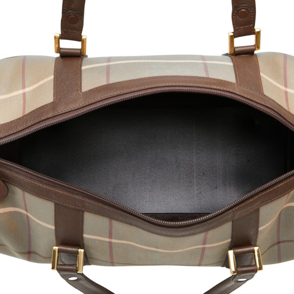 バーバリー チェック ボストンバッグ トラベルバッグ  カーキ ブラウン キャンバス レザー レディース BURBERRY 【中古】