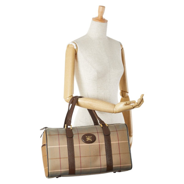バーバリー チェック ボストンバッグ トラベルバッグ  カーキ ブラウン キャンバス レザー レディース BURBERRY 【中古】