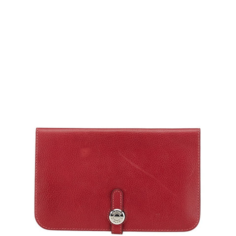 エルメス ドゴンGM 長財布 レッド レザー レディース HERMES 【中古】