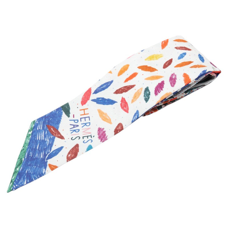エルメス ツイリー 鳥 バード 植物 リーフ モチーフ スカーフ ホワイト ブルー マルチカラー シルク レディース HERMES 【中古】
