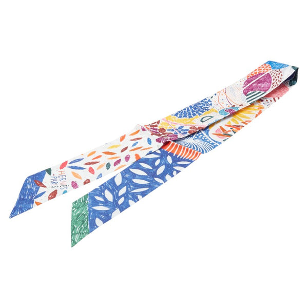 エルメス ツイリー 鳥 バード 植物 リーフ モチーフ スカーフ ホワイト ブルー マルチカラー シルク レディース HERMES 【中古】