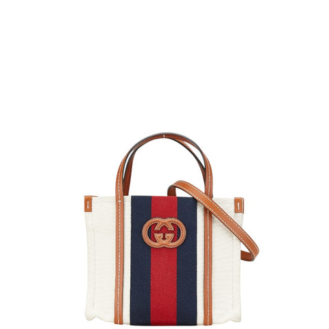 グッチ インターロッキングG ミニ トートバッグ ショルダーバッグ 2WAY 727735 ベージュ ネイビー レッド キャンバス レザー レディース GUCCI 【中古】